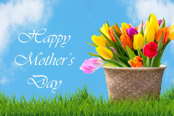 Картинка праздничные день+матери тюльпаны пожелание корзинка надпись