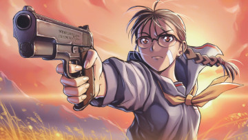 Картинка аниме оружие +техника +технологии крутая стойка пистолет пластырь решимость убийца очкарик самозащита кровавый туман школьница ствол