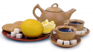 Картинка еда напитки +Чай лимон печенье сахар заварник