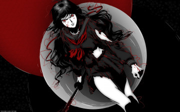 Картинка аниме blood-c катана kisaragi saya красные глаза крутая пятна кулак рваная одежда кровь злость тьма