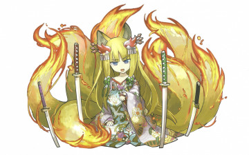 Картинка аниме puzzle+&+dragons ушки сидит кимоно белый фон девочка game fox girl puzzle and dragons хвосты катаны