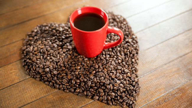Обои картинки фото еда, кофе,  кофейные зёрна, чашка, сердце, зерна
