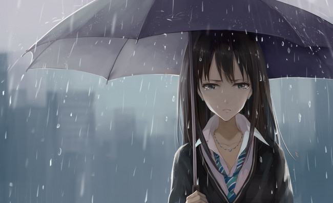 Обои картинки фото аниме, unknown,  другое, галстук, девушка, дождь, слезы, зонт