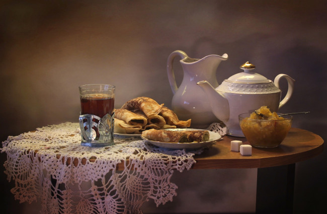 Обои картинки фото еда, натюрморт, блины, варенье, чайник, чай