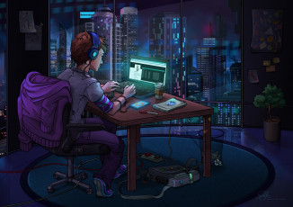 Картинка рисованное комиксы the world at night компьютер помещение хакер