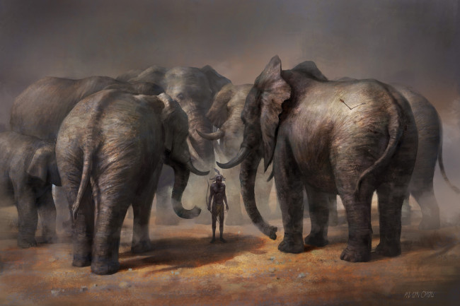 Обои картинки фото рисованное, животные,  слоны, суд, who, did, стрела, абориген, охотник, слоны
