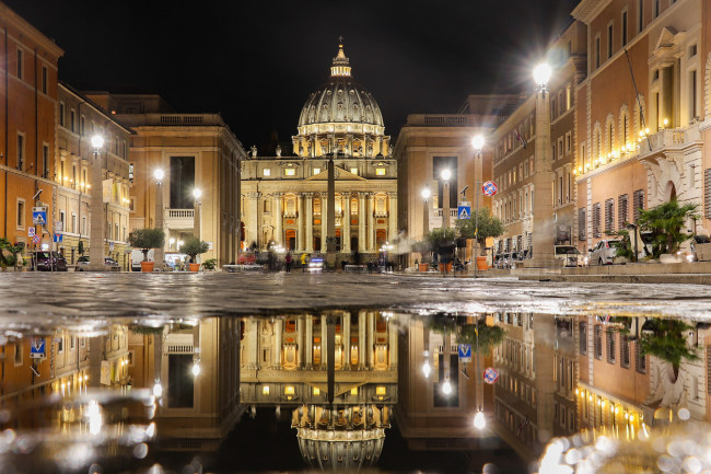 Обои картинки фото st,  peter`s basilica,  vatican, города, рим,  ватикан , италия, площадь, огни, ночь