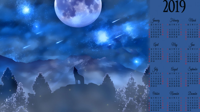 Обои картинки фото календари, рисованные,  векторная графика, волк, планета, луна, дерево, ночь, вой