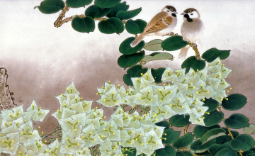 Картинка рисованное животные +птицы воробьи ветка цветение
