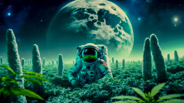 Картинка космос арт астронавт планета звёзды космическое пространство растения