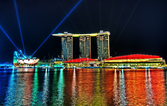 Обои картинки фото сингапур, города, радуга, огней, блики, на, воде