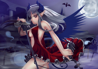 Картинка аниме -angels+&+demons призрак летучие мыши микрофон рога демон девушка луна