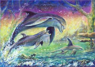 обоя рисованные, животные,  дельфины, волны, море, холст, дельфины