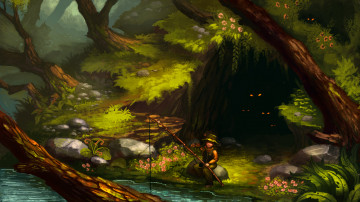 Картинка рисованные живопись мальчик удочка лес