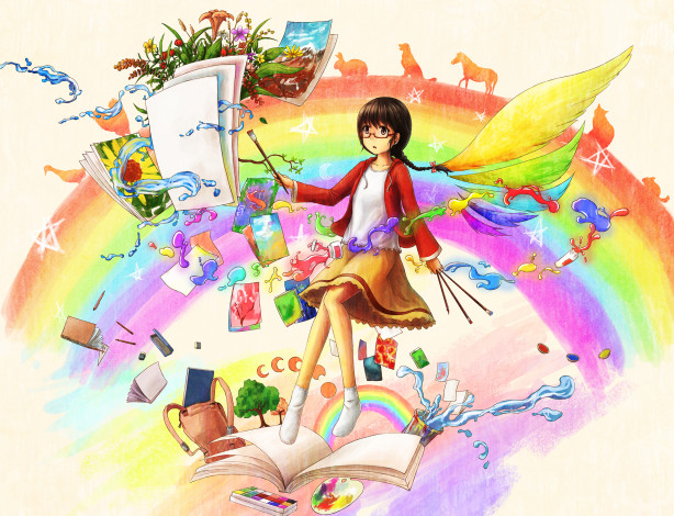 Обои картинки фото аниме, *unknown , другое, радуга, цветы, шатенка, краски, коса, рисование, дерево, листы, арт, девушка, сумка, кисточки