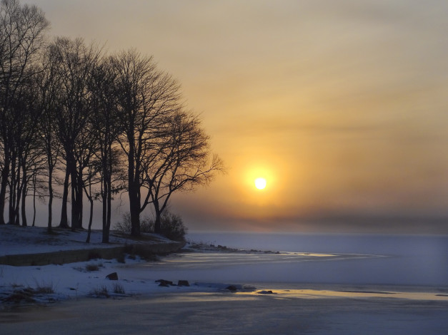 Обои картинки фото природа, восходы, закаты, снег, лед, озеро, зима, солнце, деревья