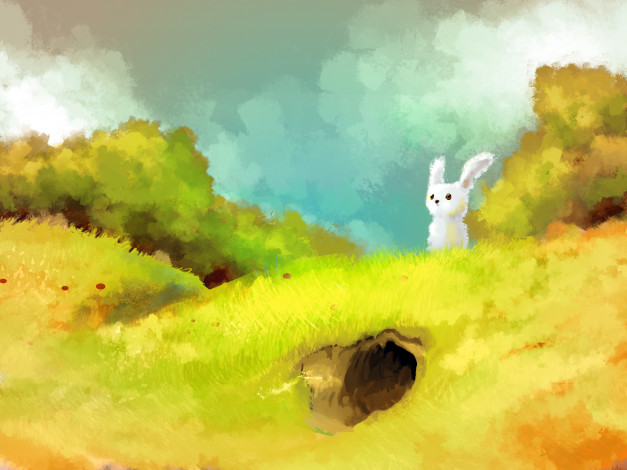Обои картинки фото рисованные, животные,  зайцы,  кролики, нора, сопка, заяц, зверёк, трава