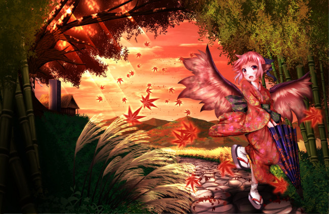 Обои картинки фото аниме, touhou, арт, бамбук, девочка, листья, зонт, осень, лучи