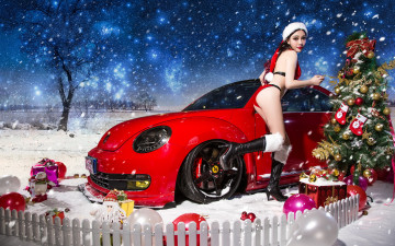обоя автомобили, -авто с девушками, автомобиль, фон, взгляд, девушка, подарки, снегурочка, зима, снег