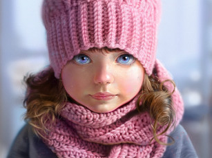 Картинка рисованное дети art шарф вязаная портрет голубые глаза nutsa девочка розовые веснушки лицо шапка серый фон