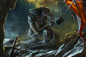 Картинка фэнтези существа существо молот воин крокодил