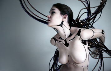 Картинка фэнтези роботы +киборги +механизмы фон девушка провода