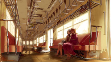 Картинка аниме touhou девочки диван вода автобус
