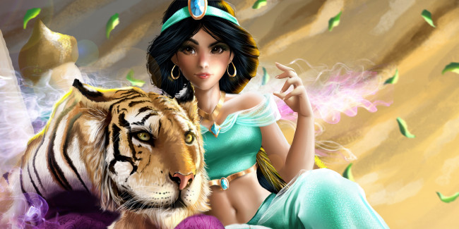 Обои картинки фото рисованное, кино, by, indymbras, тигр, девушка, jasmine, and, rajah, aladdin