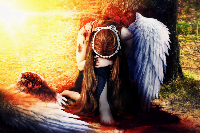 Обои картинки фото фэнтези, ангелы, девушка, фон, крыло