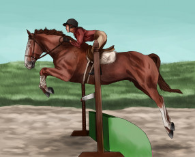 Картинка спорт 3d рисованные лошадь фон всадник