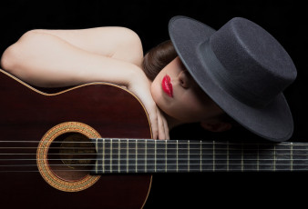 Картинка музыка -другое девушка лицо шляпа гитара