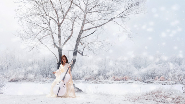 Обои картинки фото музыка, -другое, инструмент, девушка, природа, снег