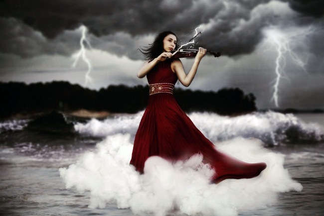 Обои картинки фото музыка, -другое, водоем, молния, скрипка, девушка