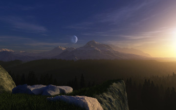Картинка 3д+графика природа+ nature луна горы лес
