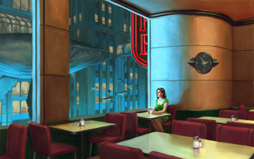 Картинка фэнтези девушки девушка фон кафе столик окно