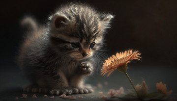 Картинка рисованное животные кошка цветок свет поза темный фон котенок серый графика арт котёнок мордашка полосатый лапка цифровое искусство диджитал ии-арт