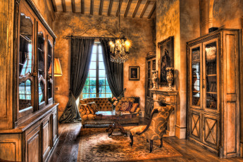 Картинка интерьер гостиная диван стол серванты шторы
