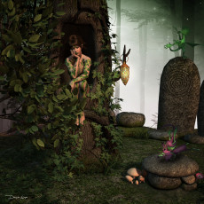 Картинка 3д+графика эльфы+ elves листья деревья грибы взгляд эльфийка камни