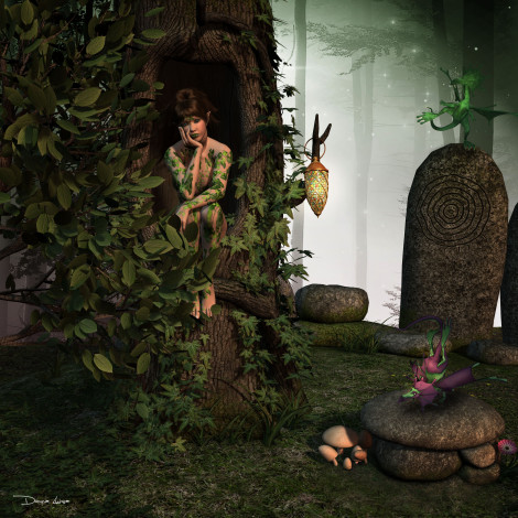 Обои картинки фото 3д графика, эльфы , elves, листья, деревья, грибы, взгляд, эльфийка, камни