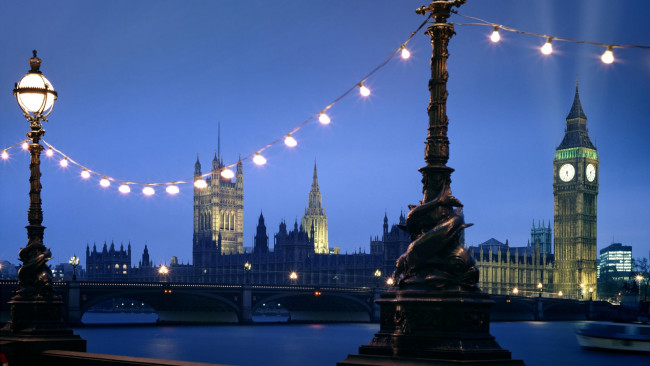 Обои картинки фото города, лондон , великобритания, фонари, освещение, вечер, мост