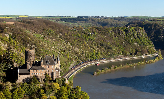 Обои картинки фото города, - дворцы,  замки,  крепости, германия, панорама, поезд, река, замок