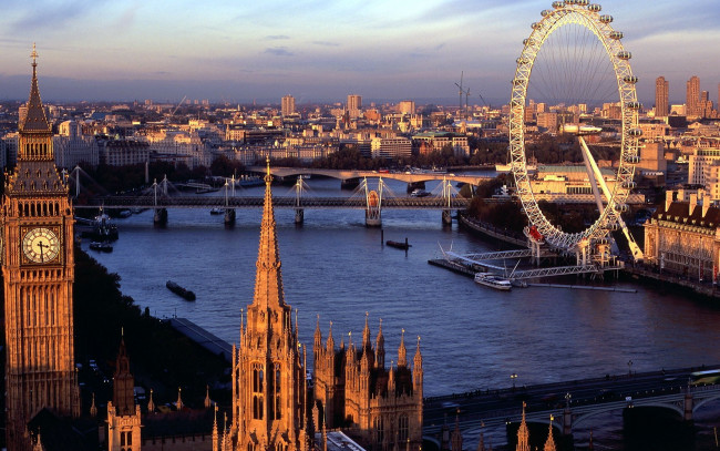 Обои картинки фото города, лондон , великобритания, панорама, обозрения, мост, река, часы, башня, колесо