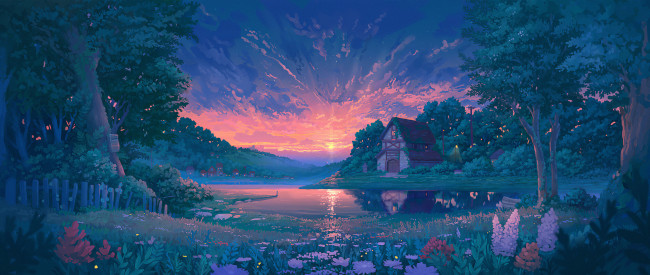 Обои картинки фото рисованное, денис истомин, дома, озеро, деревья, закат