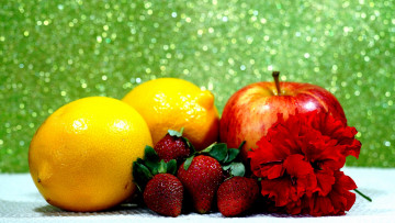 Картинка еда фрукты +ягоды лимоны яблоко клубника