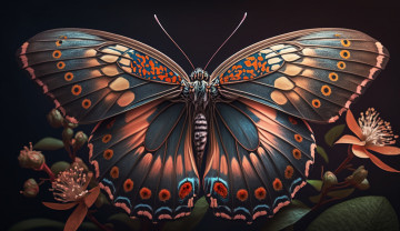 Картинка красота 3д+графика животные+ animals бабочка цветок узор крылья темный фон цифровое искусство ии-арт искусственного интеллекта нейросеть
