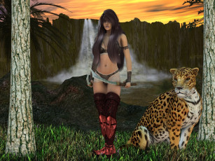 Картинка 3д графика amazon амазонки тигр девушка