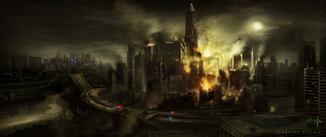 Обои картинки фото infamous, фэнтези, иные миры,  иные времена, будущее, иной, мир, город, мегаполис, взрыв, небоскребы