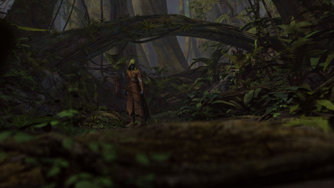 Обои картинки фото 3д графика, фантазия , fantasy, оружие, монах, лес, фон, мужчина, взгляд