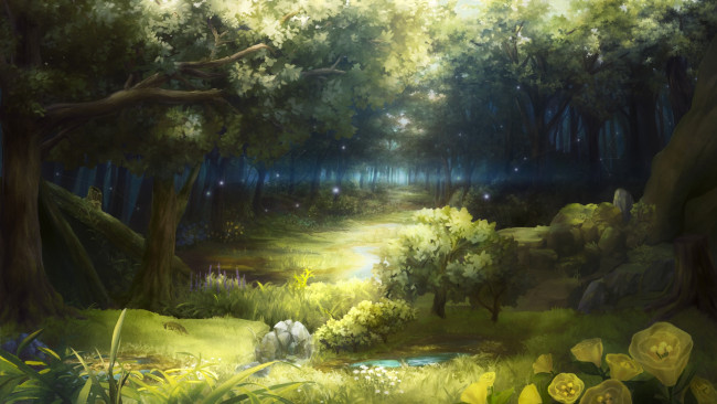 Обои картинки фото рисованное, природа, деревья, огоньки, цветы, лес, арт, rappiihiroshi