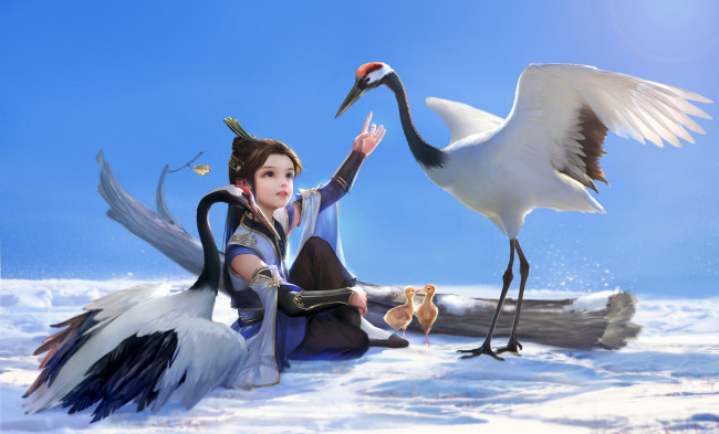 Обои картинки фото рисованное, дети, птенцы, дерево, птицы, снег, девочка